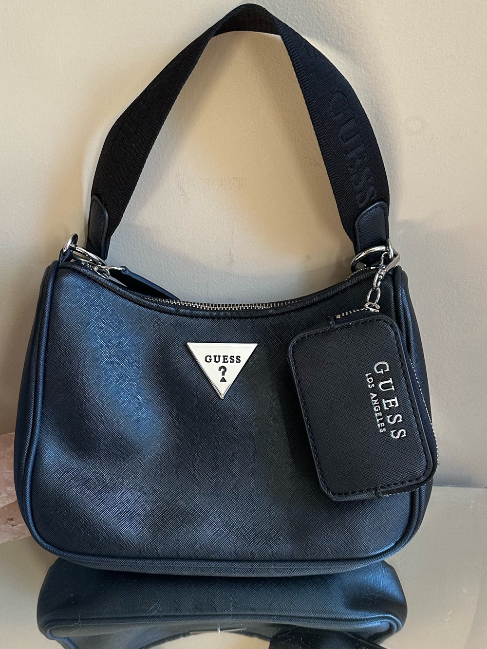 GUESS Black Shoulder Bag with Logo Triangle and Zip Charm